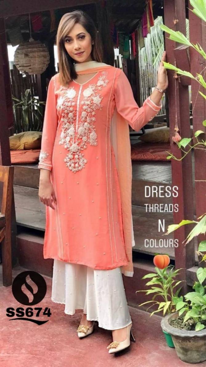 New Premium Quality Georgette Kurti Embroided Neck Moti Work With Plazo and Four Sided Border Net Dupatta  